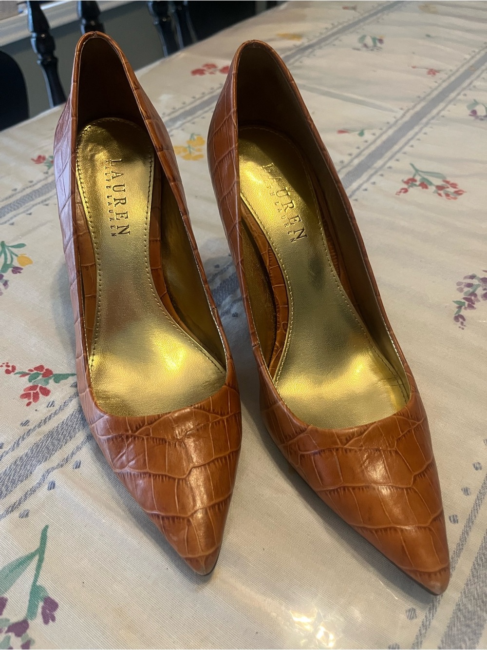 Lauren Ralph Lauren Women's Pointed Toe Croc-Embossed Leather Pumps in Brown - Picture 2 of 5